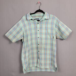 Patagonia Plaid Seersucker Short Sleeve Button Up Shirt Blue Teal Outdoor M